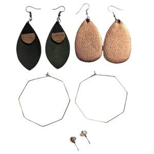 4 Pairs of Earrings Faux Leather Teardrops Lightweight Octagon Hoop Crystal Stud